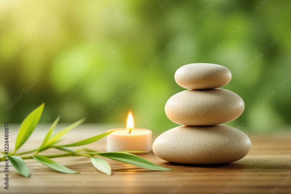Obraz premium Spa stones stacked with a lit candle and fresh bamboo leaves on a wooden surface, set against a blurred green background. Concept of calmness and balance. Ai generative