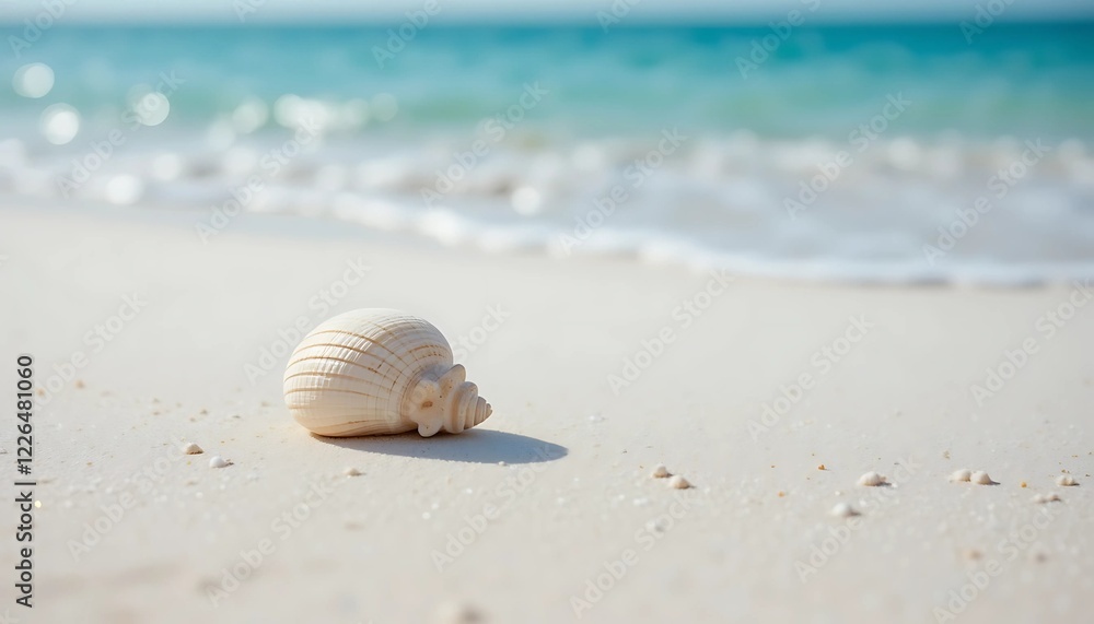 A single seashell resting on pristine white sand beach, with soft waves in the background A single seashell resting on pristine white sand beach, with soft waves in the background