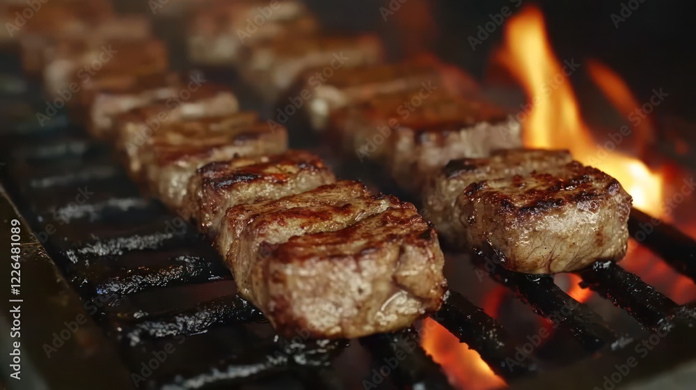 Grilled steak skewers, fiery flames, outdoor BBQ Grilled steak skewers, fiery flames, outdoor BBQ