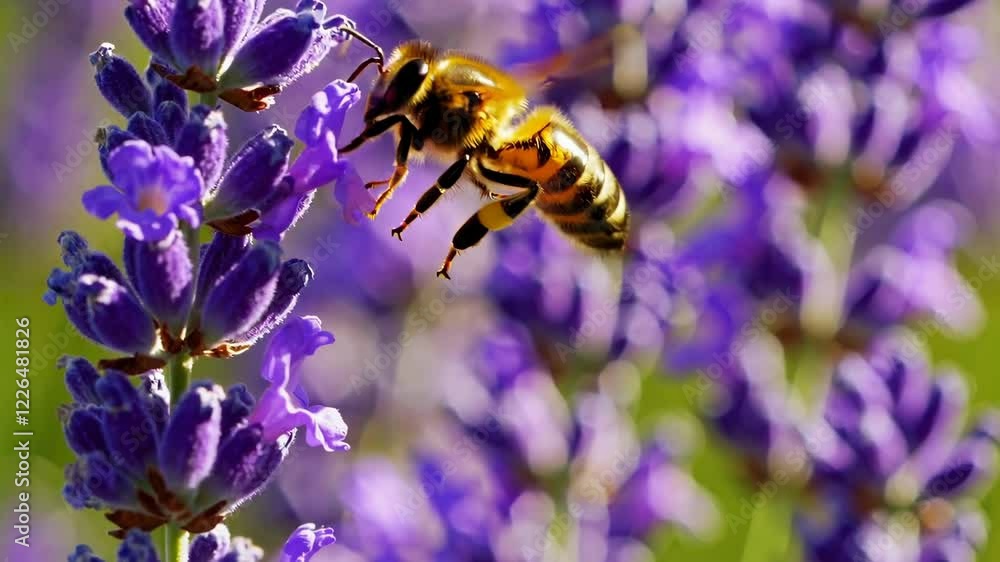 A macro shot of a honeybee mid-flight near lavender blooms, capturing delicate wing movement and vibrant floral hues. A macro shot of a honeybee mid-flight near lavender blooms, capturing delicate wing movement and vibrant floral hues.