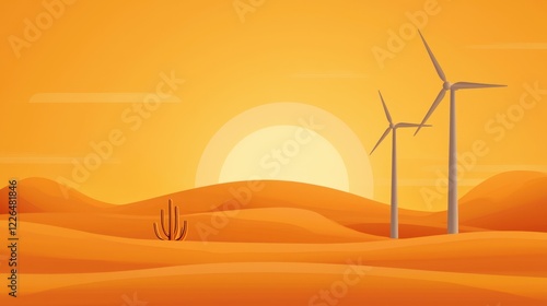 clean energy wind solutions concept. Desert landscape with wind turbines and a sunset in warm orange tones. photo