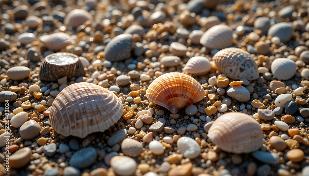 Macro shot of seashells and pebbles on the beach, with sunlight creating vibrant highlights and shadows Macro shot of seashells and pebbles on the beach, with sunlight creating vibrant highlights and shadows