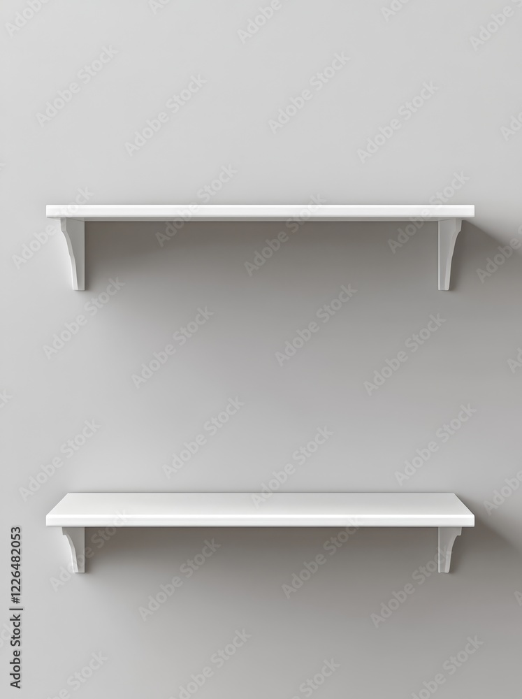 Two empty white shelves mounted on a light gray wall. Two empty white shelves mounted on a light gray wall.