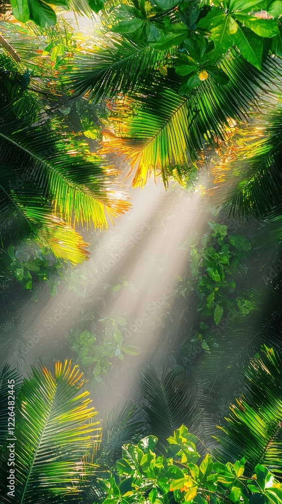 Obraz premium Sunlight filters through a dense canopy of vibrant green leaves in a peaceful summer forest, creating beautiful dappled light patterns.