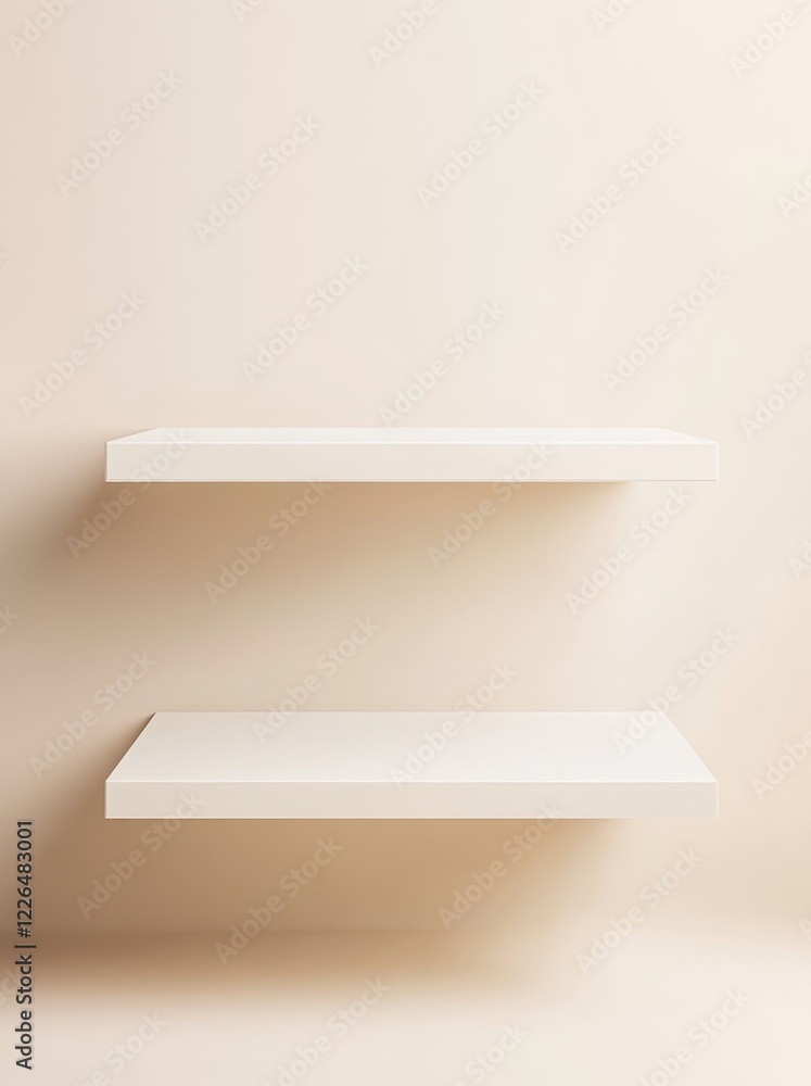 Two empty white shelves on a beige wall. Two empty white shelves on a beige wall.