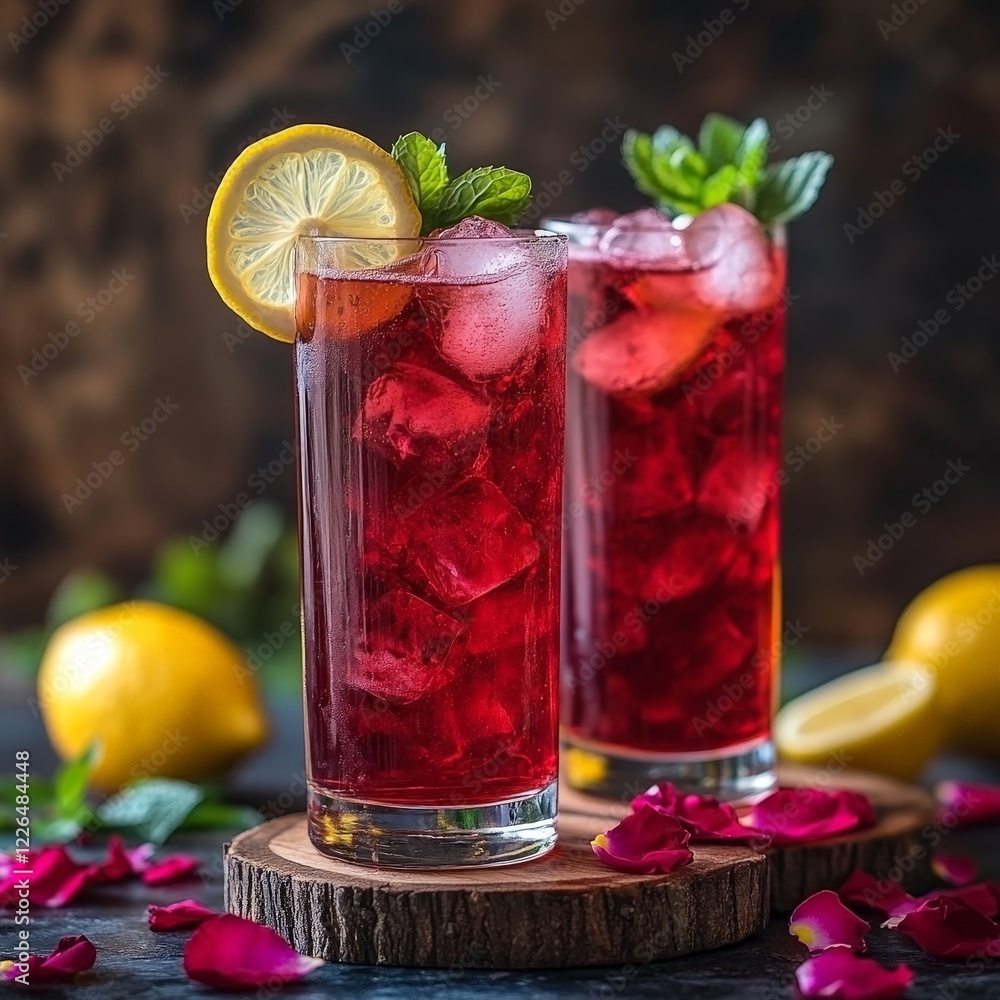 Refreshing red berry drink with lemon and mint served in tall glasses. Perfect for summer and beverage concepts. Refreshing red berry drink with lemon and mint served in tall glasses. Perfect for summer and beverage concepts.