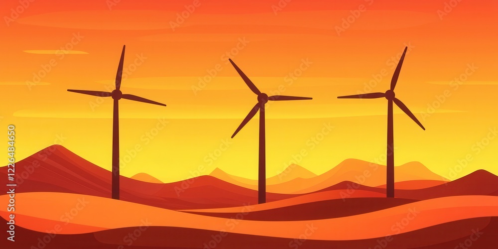 Obraz premium clean energy wind solutions concept. Wind turbines silhouetted against a vibrant sunset in a desert landscape.