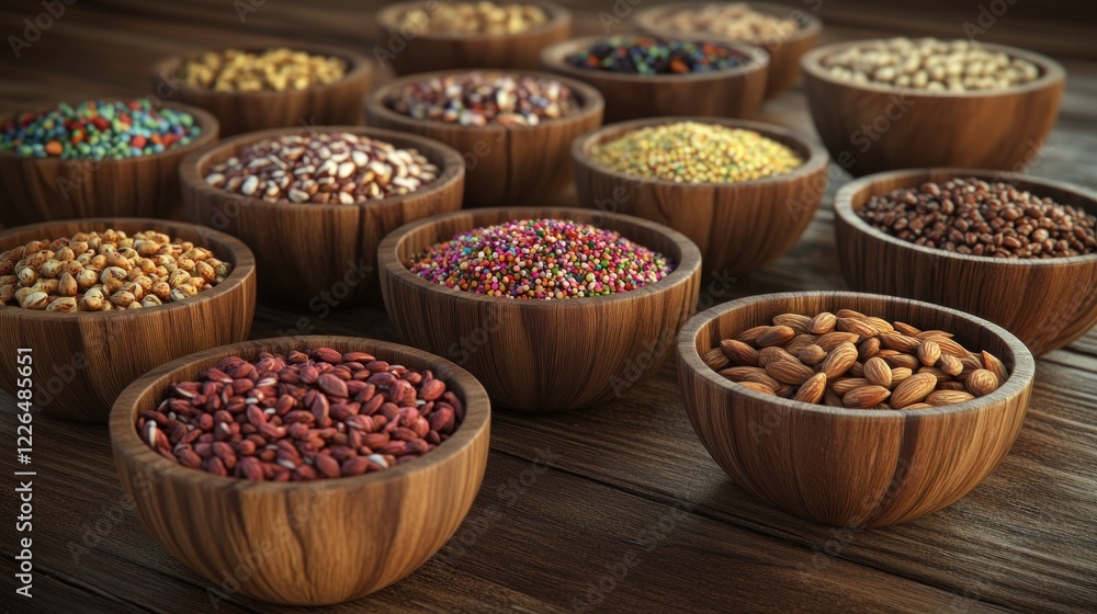 Fototapeta premium Colorful seeds and nuts in wooden bowls on table