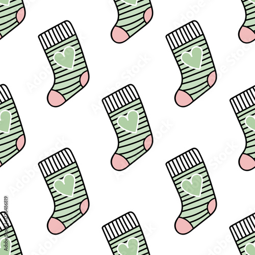 Seamless pattern with cute striped socks and heart design