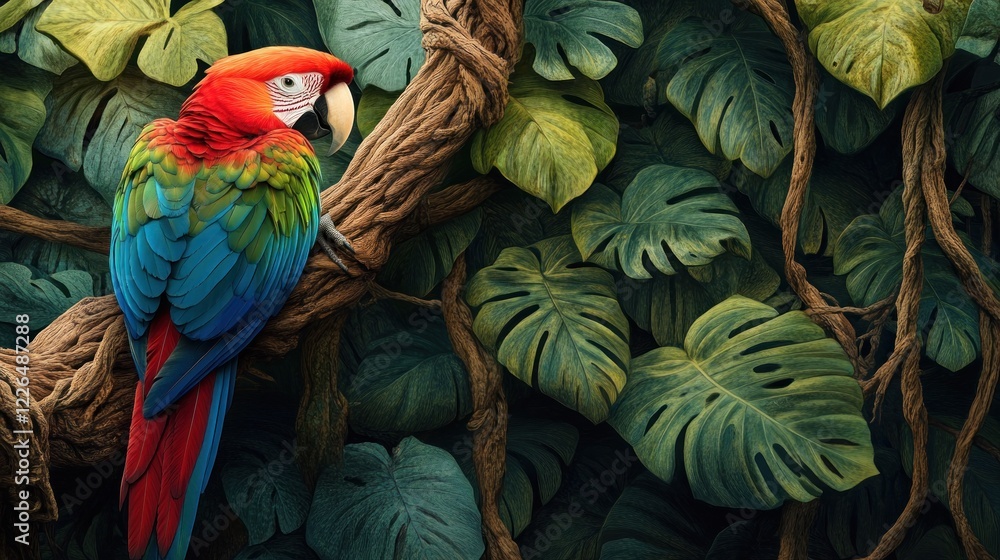 Fototapeta premium Scarlet macaw perched on a branch amidst lush tropical foliage.