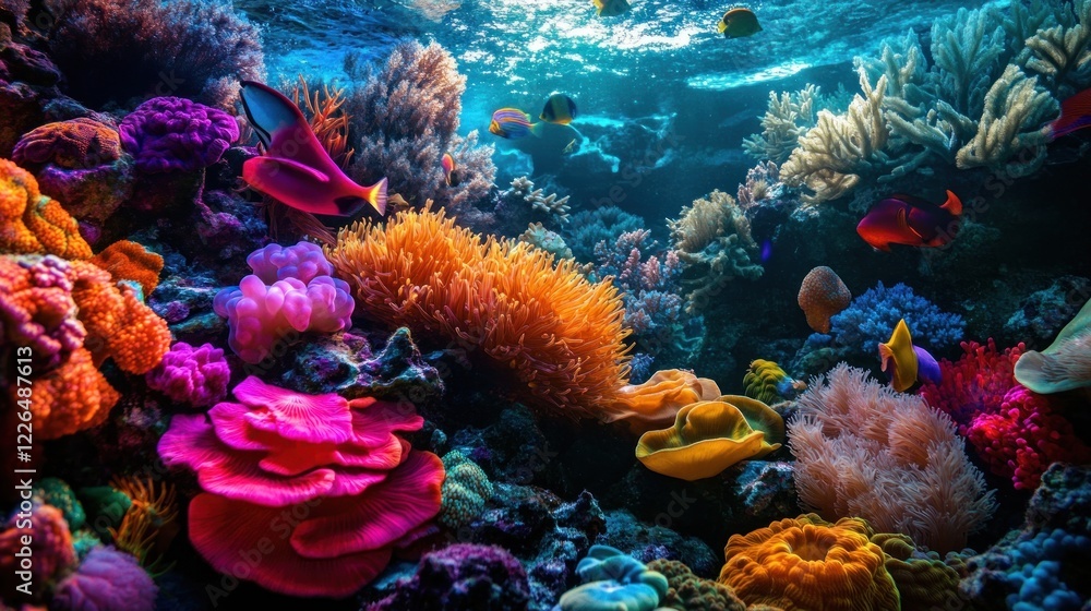 Obraz premium Vibrant coral reef teeming with colorful fish and diverse marine life.