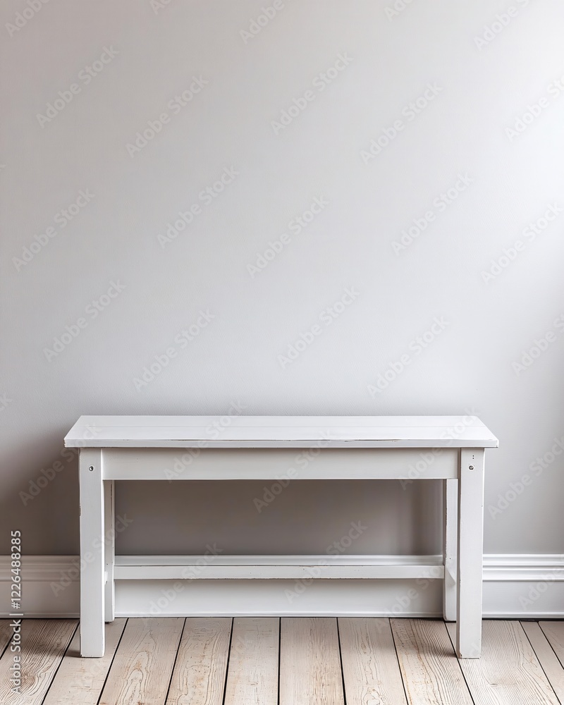Fototapeta premium White wooden bench against a plain gray wall with light wooden floor in a minimalist setting