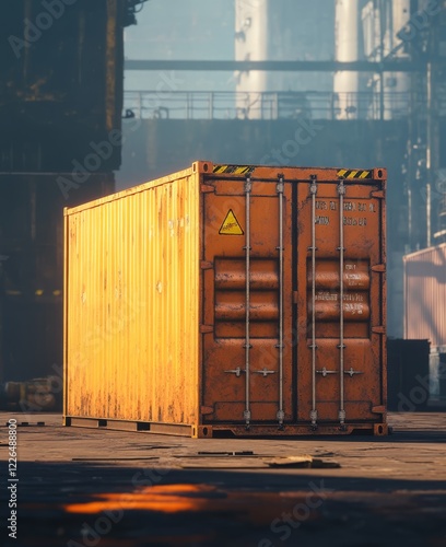 Rusty orange shipping container in industrial setting. photo