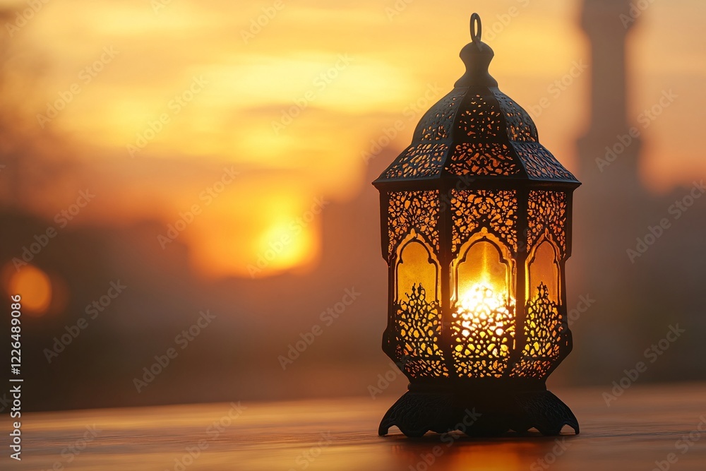 Illuminated Lantern at Sunset Peaceful Ramadan Scene Illuminated Lantern at Sunset Peaceful Ramadan Scene