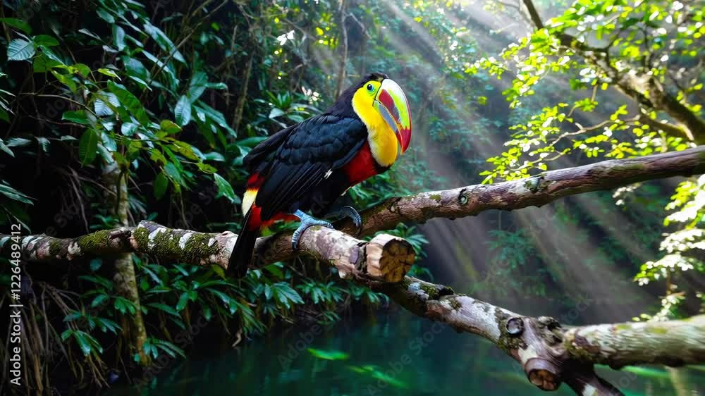 A hidden lagoon in a dense tropical jungle, with colorful birds perched on branches overhanging crystal-clear waters.