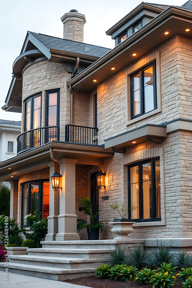 Obraz premium Luxury House Exterior at Night: Modern Stone Facade and Landscape Design