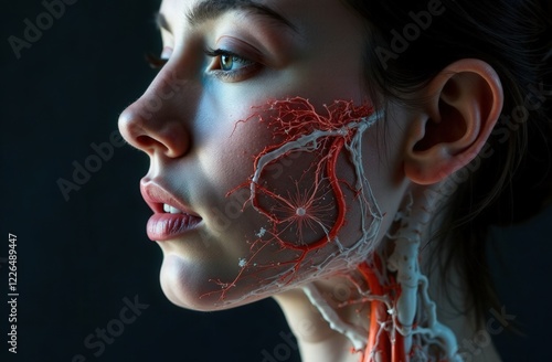 a young woman with painted vessels on her face, nervous system, abstraction and imagination. photo