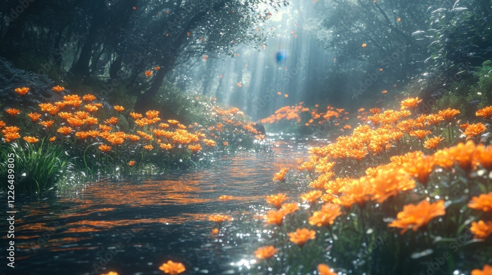 Obraz premium Glowing marigold flowers in a mystical, moonlit garden