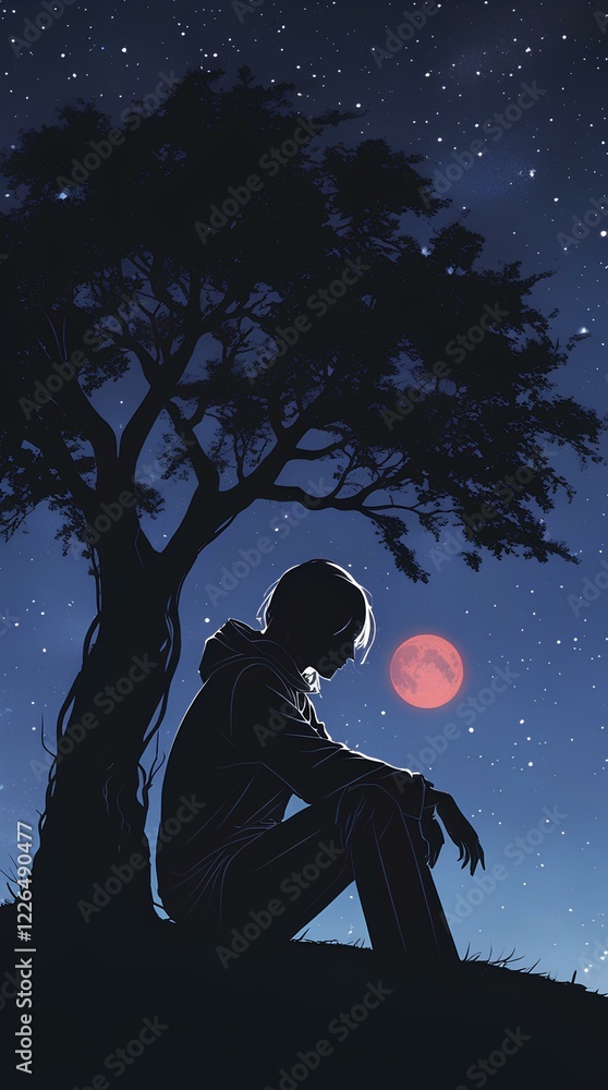 Obraz premium Anime Silhouette Night Sky Stars Contemplation Wallpaper Art