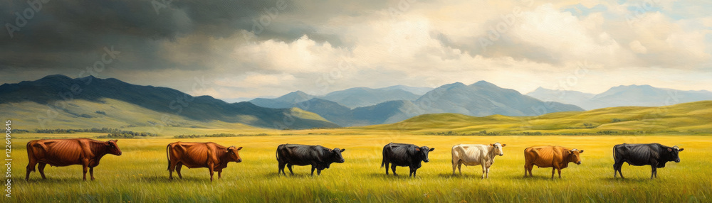 Fototapeta premium A serene pastoral scene featuring a line of cows grazing in a lush, green field with mountains in the background under a cloudy sky.