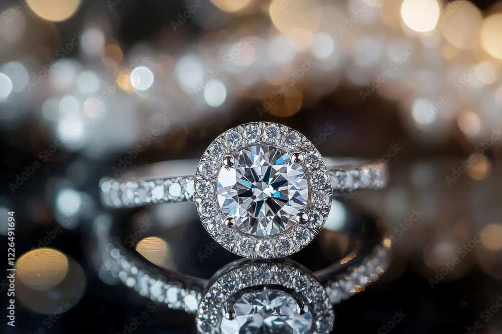 Fototapeta premium Sparkling diamond engagement ring on reflective surface.