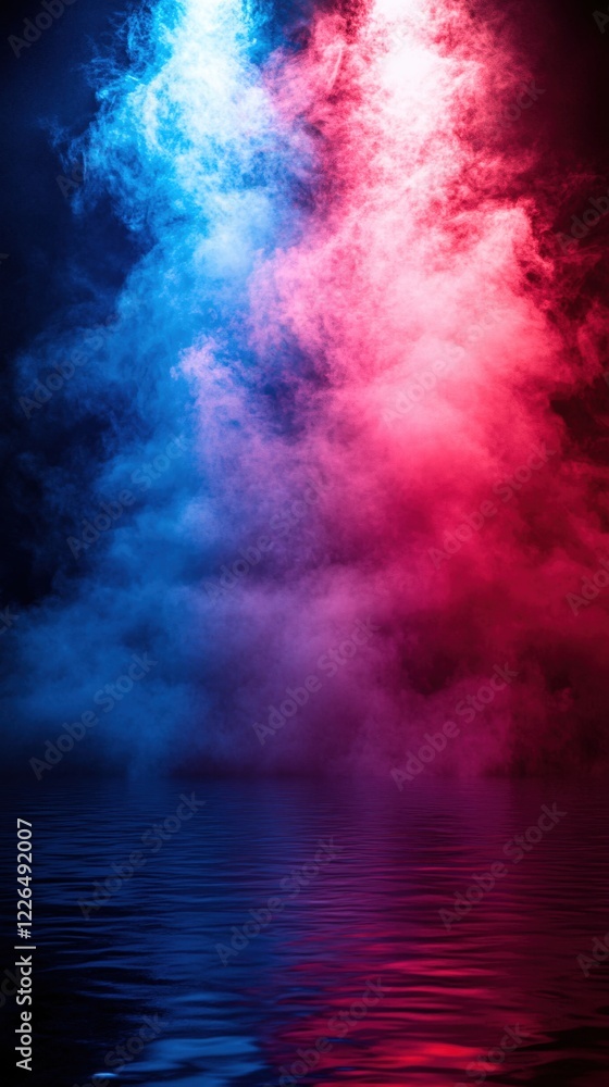 Naklejka premium Blue and red smoke with water reflection creates a dramatic and mysterious scene
