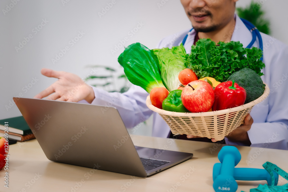 A male nutritionist sitting at a table, advising on healthy diets, promoting vegetable-based meals, supplements, weight loss, and meal planning to improve overall health and well-being A male nutritionist sitting at a table, advising on healthy diets, promoting vegetable-based meals, supplements, weight loss, and meal planning to improve overall health and well-being