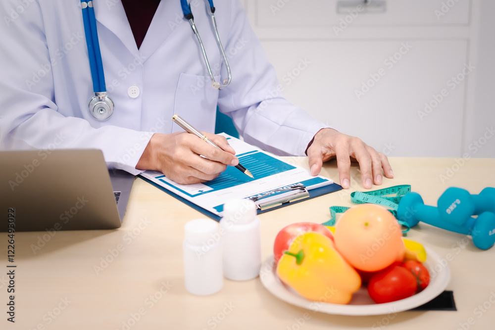 A male nutritionist sitting at a table, advising on healthy diets, promoting vegetable-based meals, supplements, weight loss, and meal planning to improve overall health and well-being A male nutritionist sitting at a table, advising on healthy diets, promoting vegetable-based meals, supplements, weight loss, and meal planning to improve overall health and well-being
