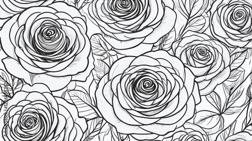 Fototapeta Naklejka Na Ścianę i Meble -  Abstract rose doodle seamless pattern. Elegant roses contour drawing background in black and white colors. Vector floral illustration for wedding, birthday greeting cards, invitations, Valentine's Day