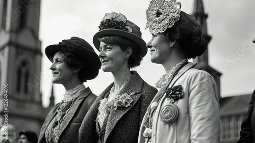 Group of women in stylish hats and coats gather outdoors during a historical event in a city square