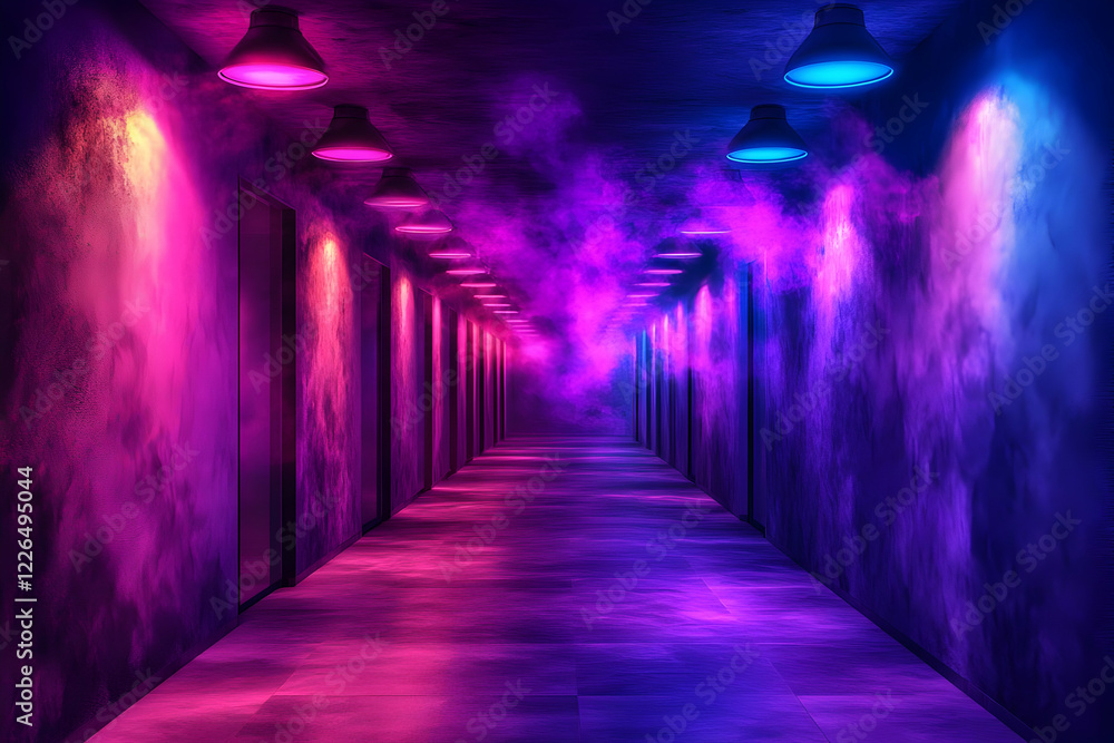 Neon-lit hallway, smoke effect, mysterious atmosphere, background, perfect for cyberpunk themes Neon-lit hallway, smoke effect, mysterious atmosphere, background, perfect for cyberpunk themes