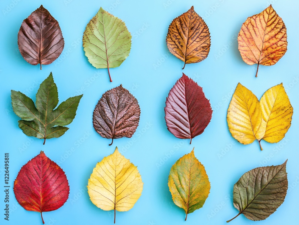Fototapeta premium Twelve autumn leaves in various colors arranged on a light blue background flat lay style