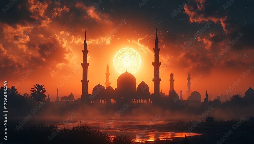 Fototapeta premium Sunset Behind Mosque with Silhouettes of Minarets and Clouds