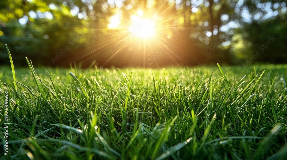 A fresh green grass foreground with sunshine and blurred bokeh in the background. Ideal for nature, wellness, or eco-friendly concepts. A fresh green grass foreground with sunshine and blurred bokeh in the background. Ideal for nature, wellness, or eco-friendly concepts.
