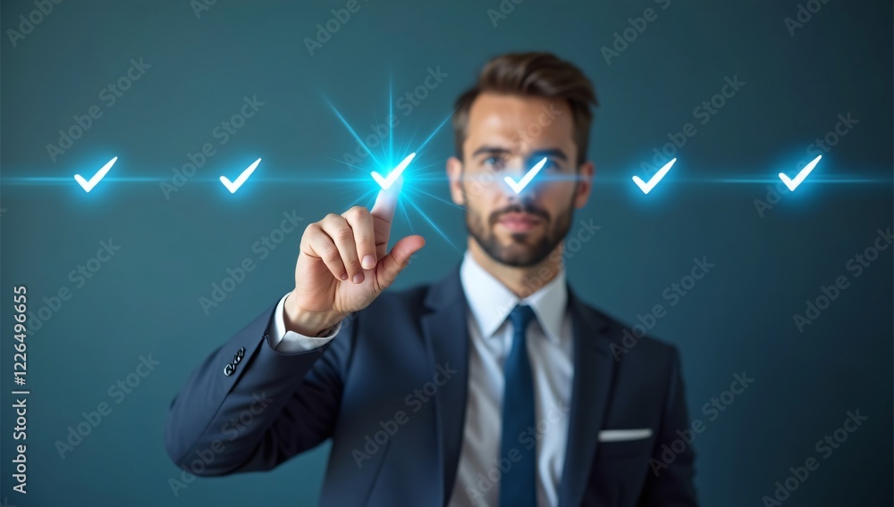 Businessman touching to tick correct mark in checklist with progressive loading status to remind work task progressive for project develop management and tracking concept Businessman touching to tick correct mark in checklist with progressive loading status to remind work task progressive for project develop management and tracking concept
