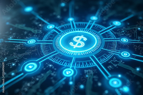 glowing digital dollar symbol is surrounded by interconnected lines and nodes