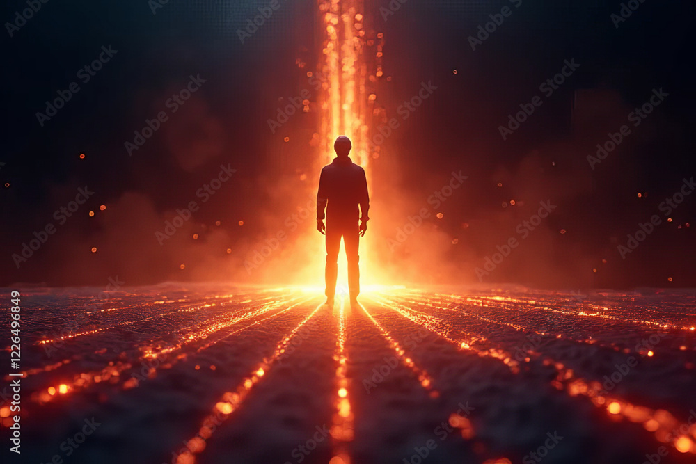 silhouette of person stands before dramatic, glowing light beam silhouette of person stands before dramatic, glowing light beam