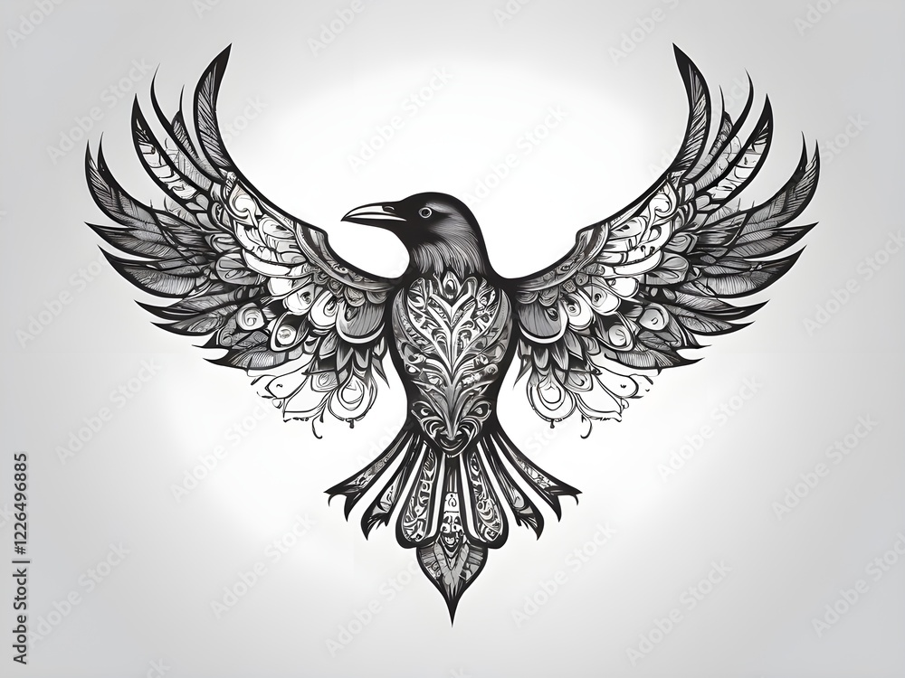 Obraz premium A beautifully detailed raven with outstretched wings showcases intricate patterns and designs across its body. The monochromatic design emphasizes ornate feathers and elegant symmetry.