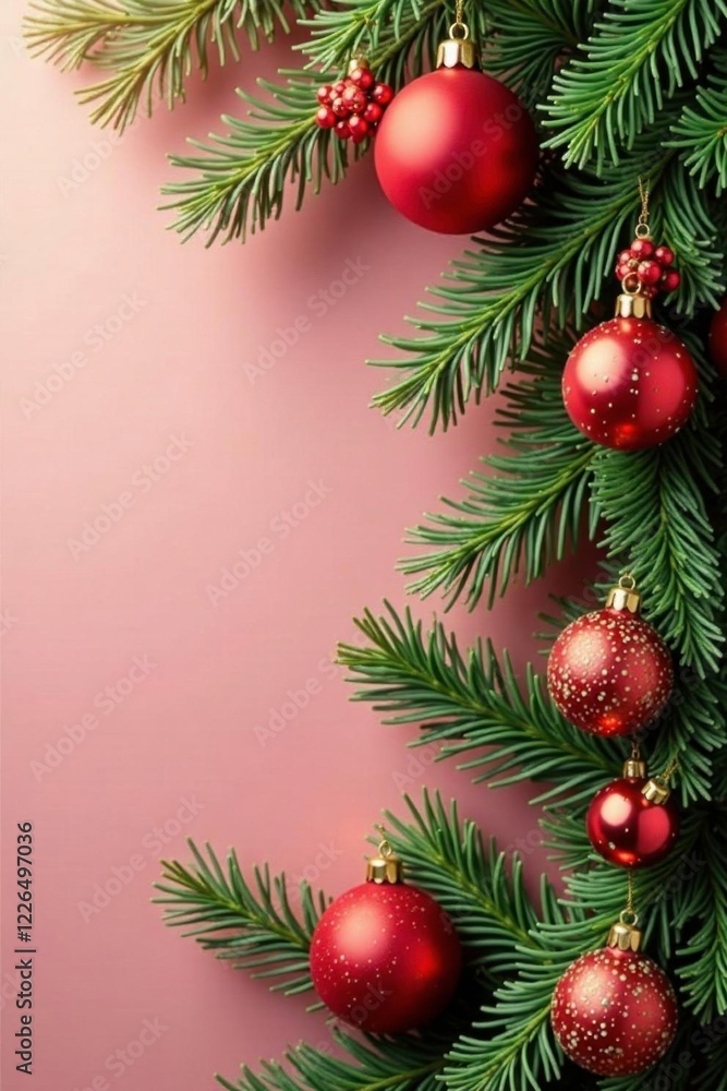 Red and green garland with pine branches and ornaments hanging from the garland, Christmas decorations, holiday, Christmas decoration Red and green garland with pine branches and ornaments hanging from the garland, Christmas decorations, holiday, Christmas decoration