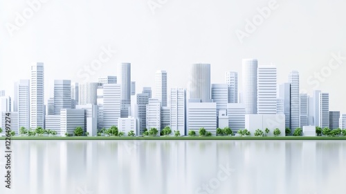 Wallpaper Mural Modern cityscape model, minimalist design, with reflection on water, light gray and white buildings, green vegetation along the shoreline. Torontodigital.ca