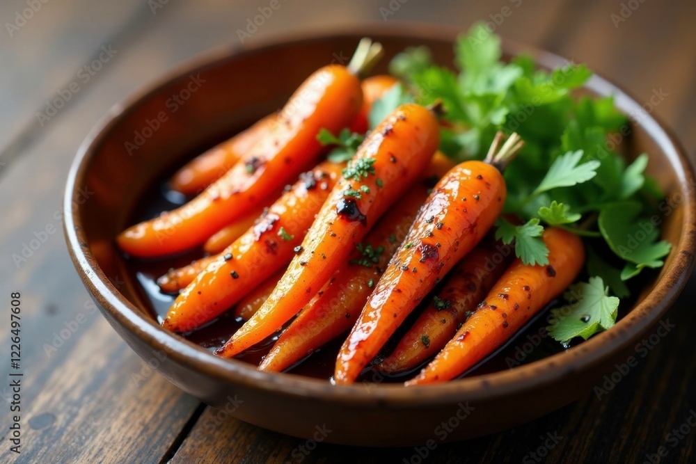 Roasted carrots in a shallow bowl with balsamic glaze, balsamic glaze, bowl, brown Roasted carrots in a shallow bowl with balsamic glaze, balsamic glaze, bowl, brown