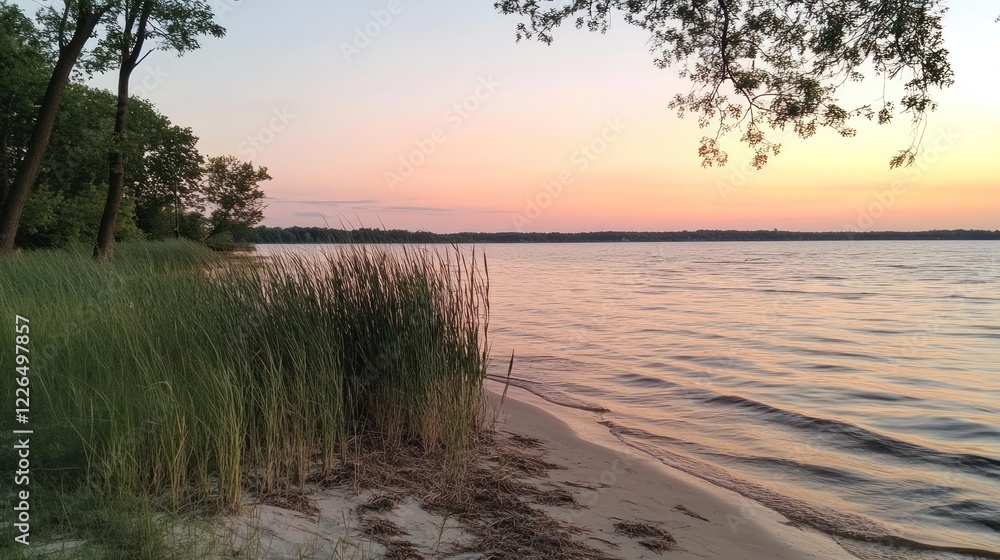 Serene sunset over calm lake with tall grasses. Serene sunset over calm lake with tall grasses.