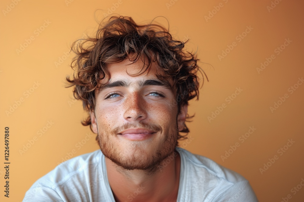 Obraz premium Young man laughing and having fun isolated on light yellow background