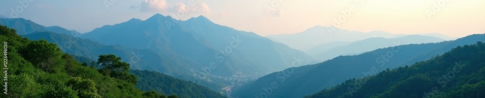 Fototapeta premium Serene mountain peaks rise above lush greenery, serene environment, mountains