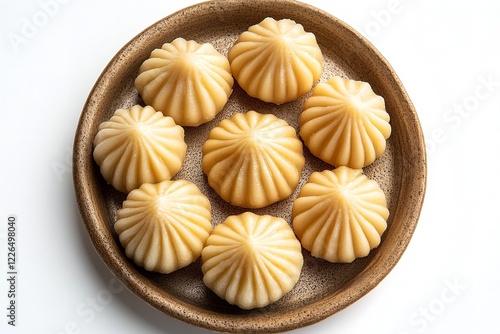 An isolated top view of a charming Indian Modak on a white backdrop. Generative Ai