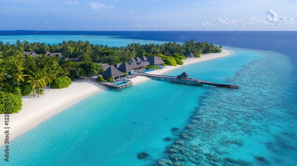 Aerial view of a tropical island with clear turquoise water, white sand beaches, and palm trees Aerial view of a tropical island with clear turquoise water, white sand beaches, and palm trees