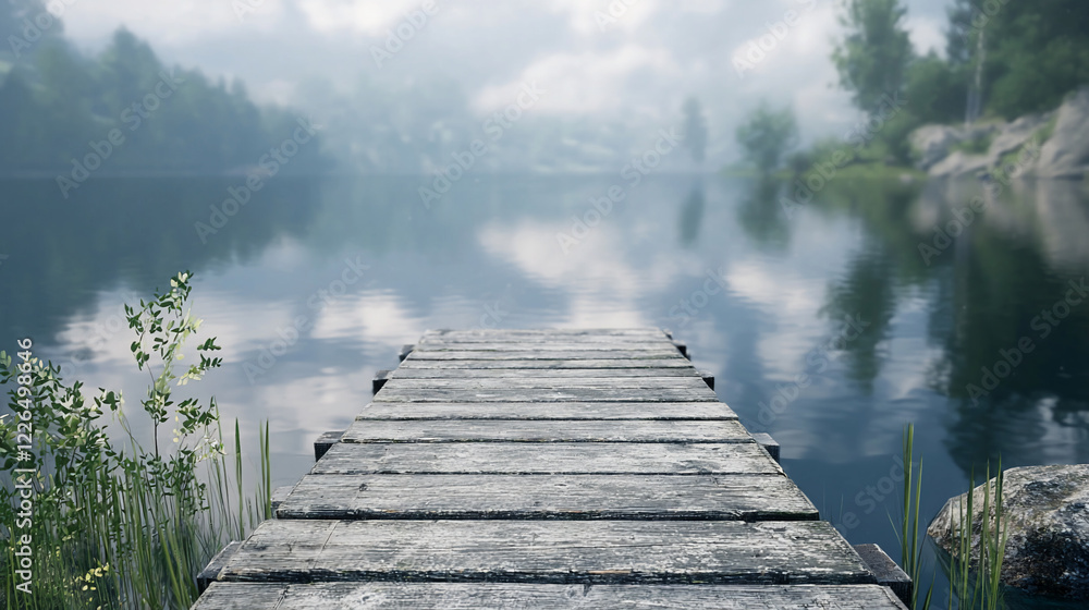 Fototapeta premium Serene lakeside view with a wooden dock extending into calm waters, surrounded by lush greenery