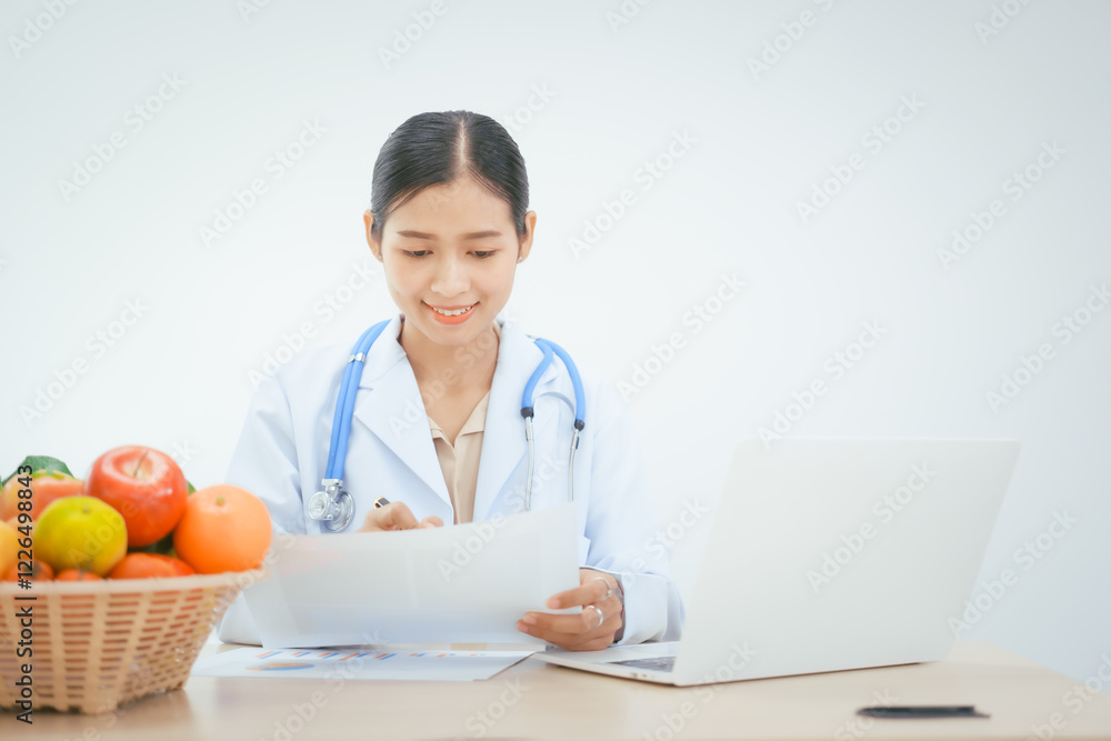 An Asian female doctor at her hospital desk works on a laptop, discussing the importance of eating fruits and vegetables for health and recommending nutritious diets online for patients' well-being An Asian female doctor at her hospital desk works on a laptop, discussing the importance of eating fruits and vegetables for health and recommending nutritious diets online for patients' well-being