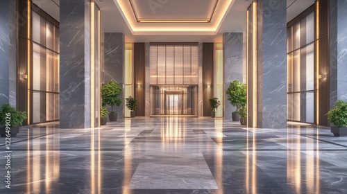 Modern, elegant lobby of a high-rise building with polished marble floors, glass doors, and illuminated interior design elements. photo