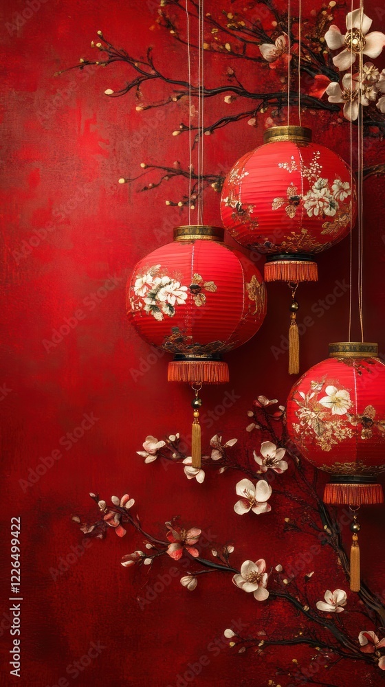 Red lanterns, plum blossoms, textured background, Chinese New Year celebration Red lanterns, plum blossoms, textured background, Chinese New Year celebration